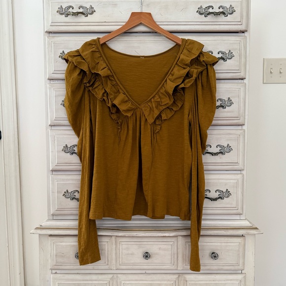 Anthropologie Mustard Ruffle Top - Picture 4 of 7